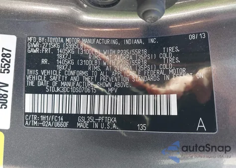 2013 Toyota Sienna Le 7 Passenger z USA, uszkodzony, nr VIN 5TDJK3DC1DS070615